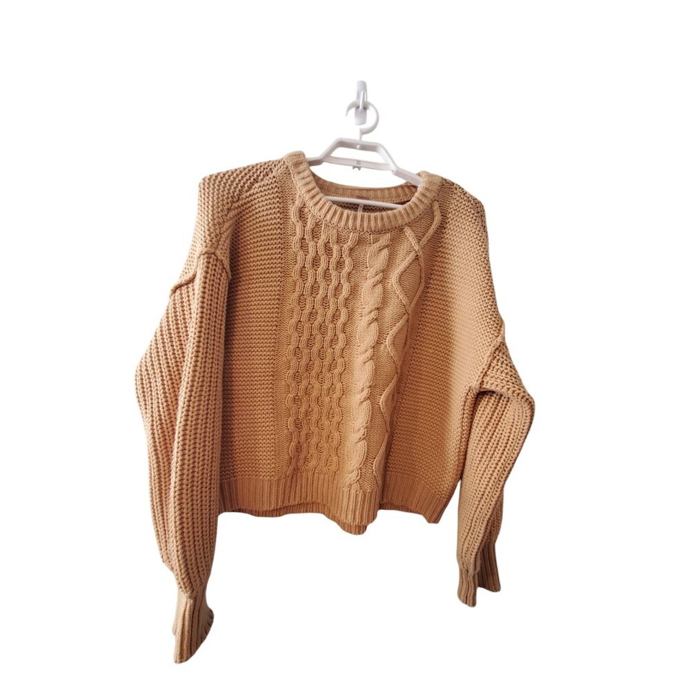 Free People Dream cable crew sweater womens M tan oversized